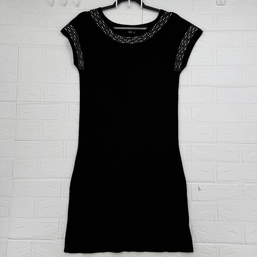 Love Tease Knit Bodycon Dress Women Small Black Rhinestone Cap Sleeve Dress